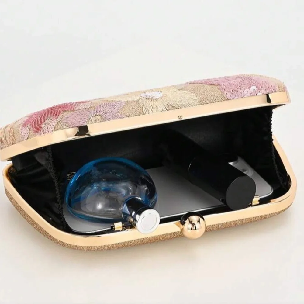 Embroidered Floral Sequin Clutch - Pink & Gold